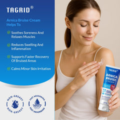 TAGRID Arnica Cream jar closeup emphasizes natural botanical care.