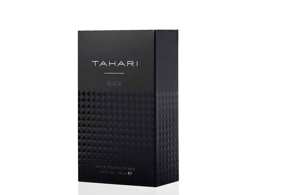 TAHARI Black bottle side view, sleek design for confident scent