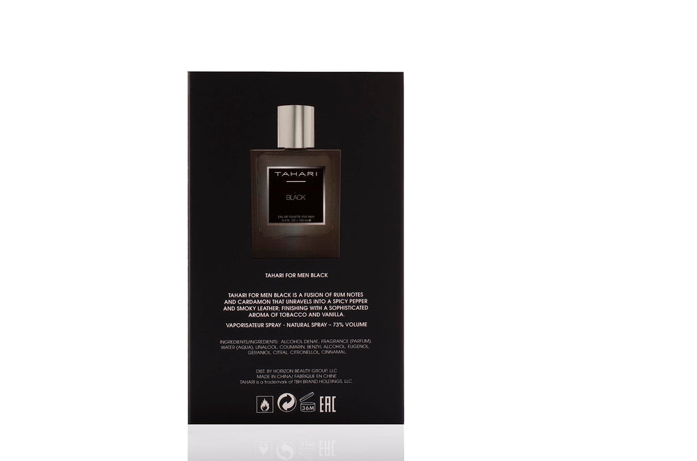 TAHARI Black packaging and bottle on display signaling premium value