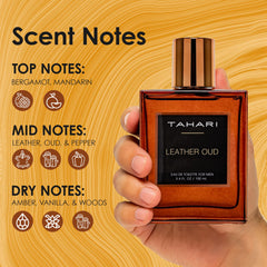 TAHARI Leather Oud bottle closeup label highlighting rich leather and oud notes