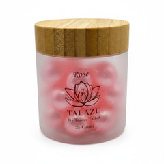 Talazu Rose beads being poured into a warm bath for a relaxing aroma.