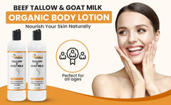 Tallow & Goat Milk Lotion ingredients list shows grass-fed tallow and goat milk benefits.
