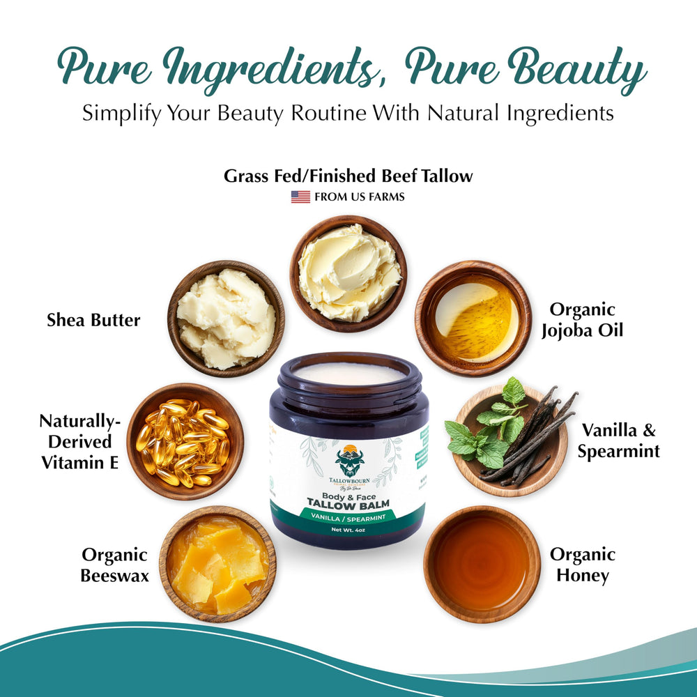 Tallowbourn ingredients: shea butter, jojoba oil, honey, beeswax for nourishing skin.
