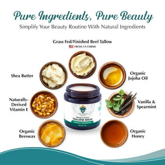 Tallowbourn ingredients: shea butter, jojoba oil, honey, beeswax for nourishing skin.