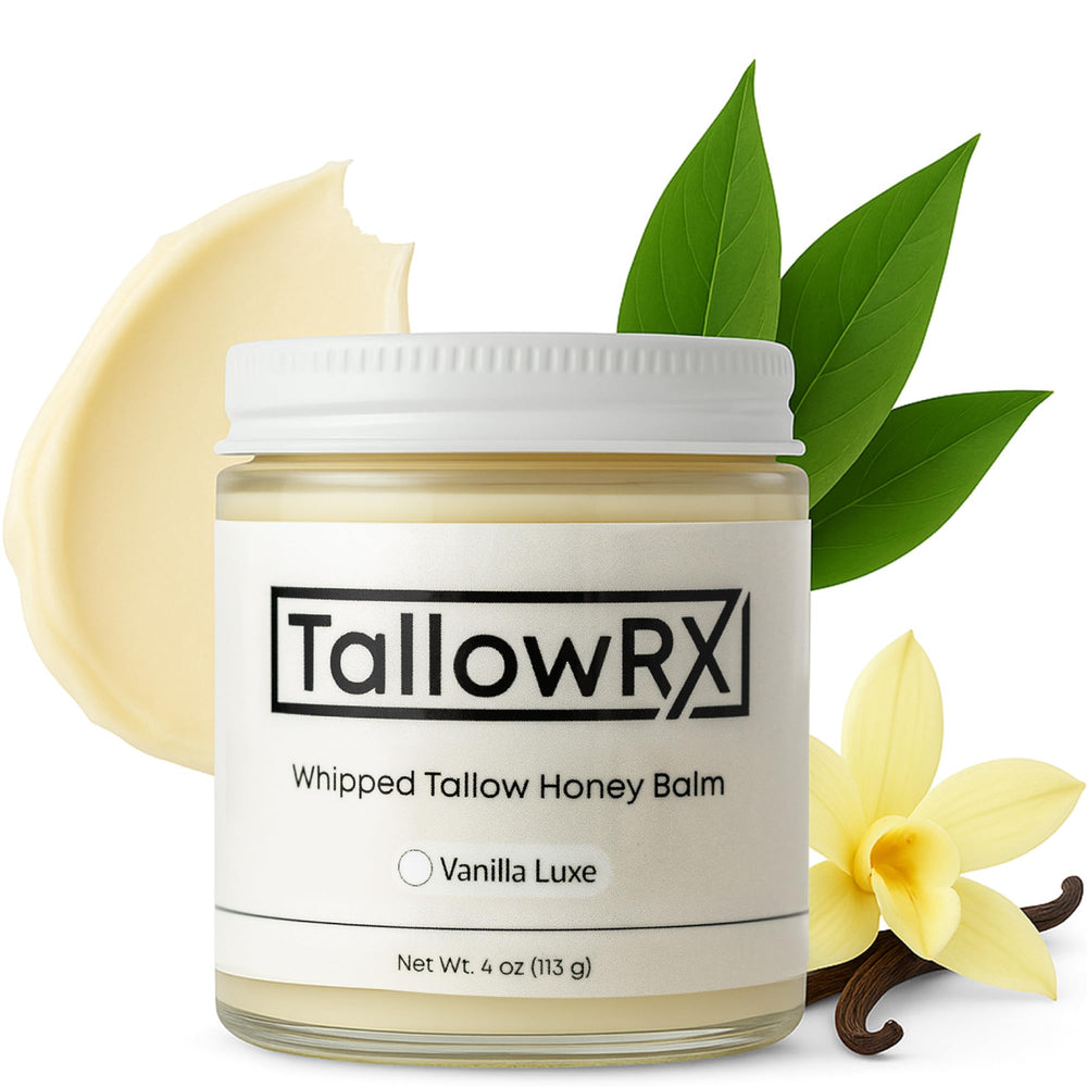 TALLOWRX whipped tallow honey balm in vanilla jar for deep hydration.