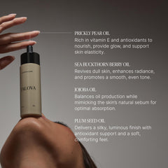 Talova face oil texture closeup: creamy, silky, and absorbent for comfortable hydration.