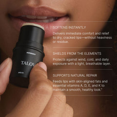 TALOVA peppermint lip balm on lips delivers instant cooling and moisture