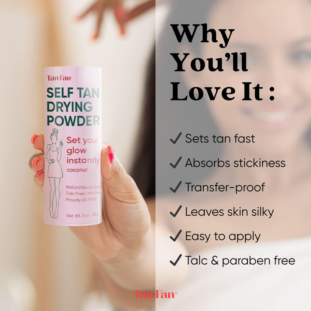 Tan Fan powder gliding smoothly over forearm for silky skin finish