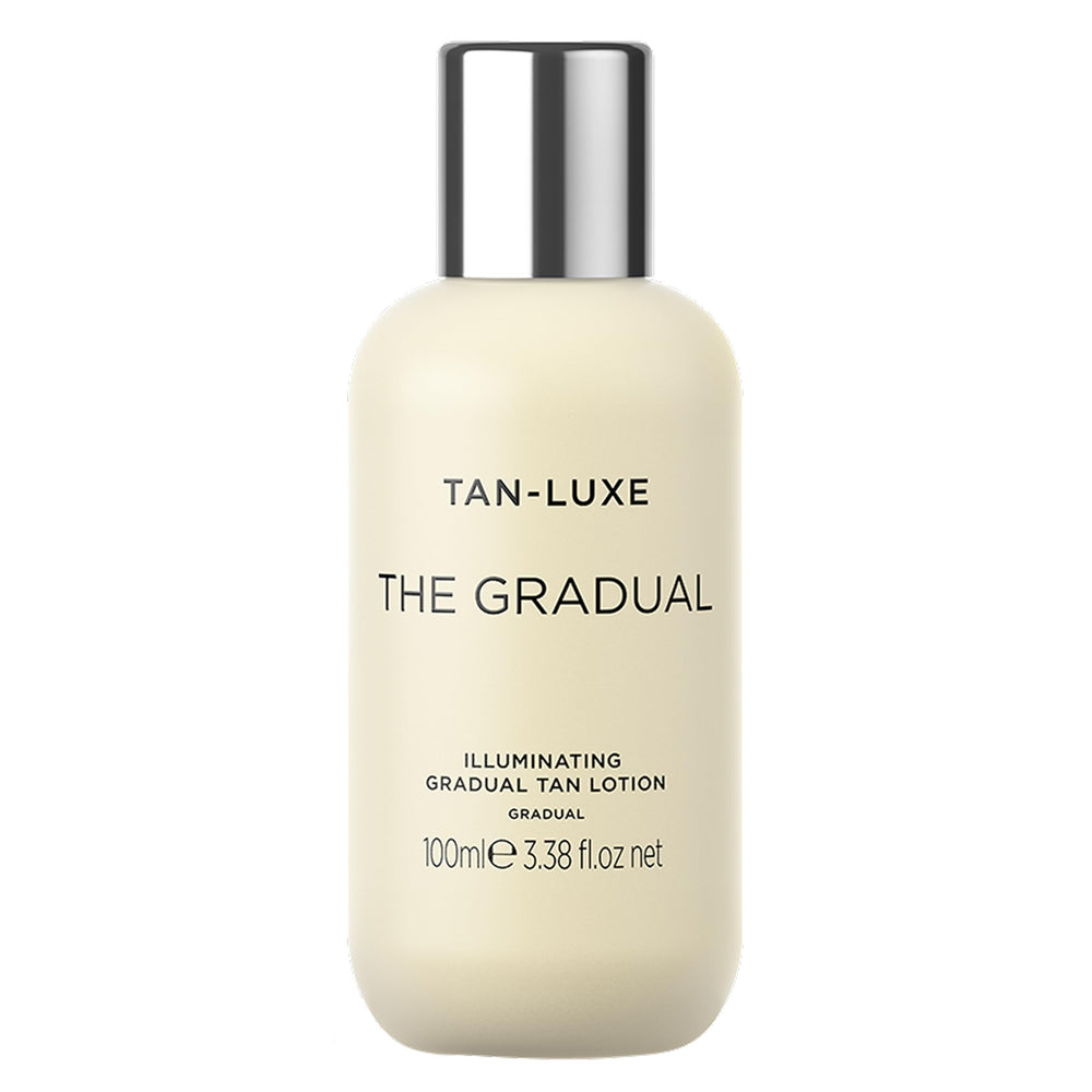 Tan-Luxe Gradual glow bottle shows hydrating formula for a natural, buildable tan.