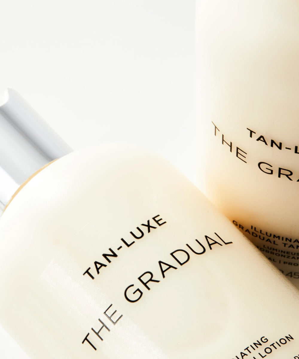 Tan-Luxe Gradual packaging close-up showcases sleek bottle and pump.