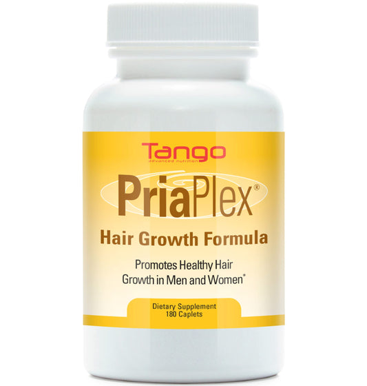 Tango PriaPlex bottle front showing natural hair growth support for daily wellness