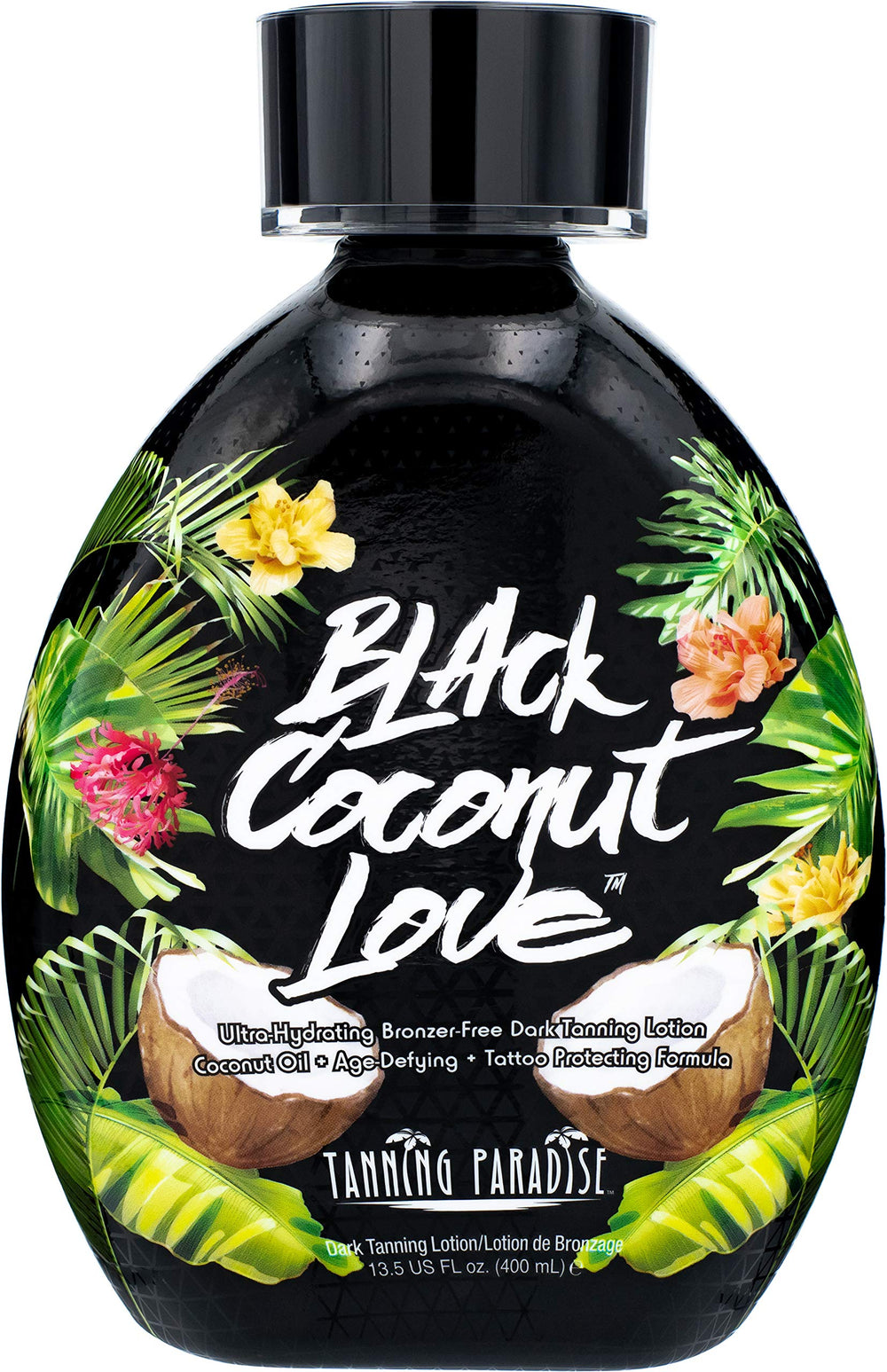 Tanning Paradise Black Coconut Love Lotion bottle, ultra-hydrating with coconut oils for smooth, moisturized skin.