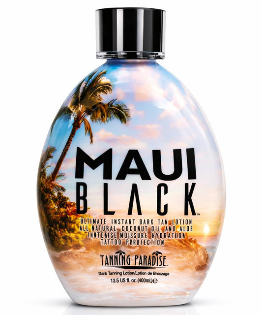 Tanning Paradise Maui Black tanning lotion bottle for quick, even instant-dark color.