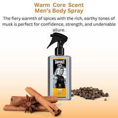 Tapout Victory body spray bottle with daring woody scent for bold moments.