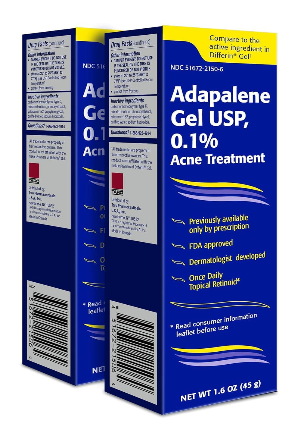 TARO Adapalene gel bottle highlights potent acne treatment for clearer skin.