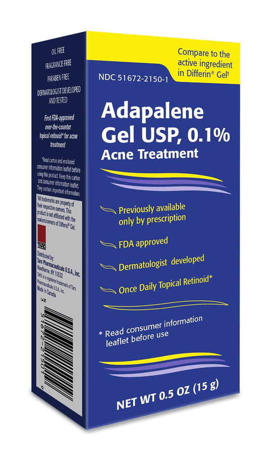 TARO Adapalene gel bottle front for smoother, clearer skin for acne-prone users