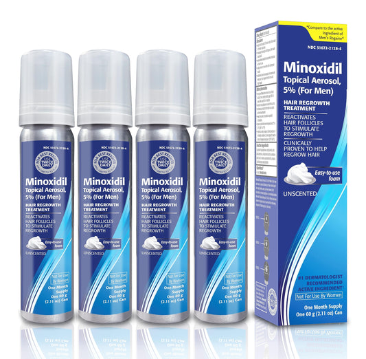 TARO Minoxidil foam bottle close-up, easy-to-use 5% formula for men.