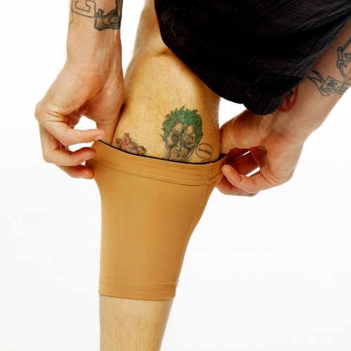 Close-up of flat-lock seams on Tat2X Ink Armor calf sleeve for comfort.