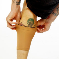 Close-up of flat-lock seams on Tat2X Ink Armor calf sleeve for comfort.