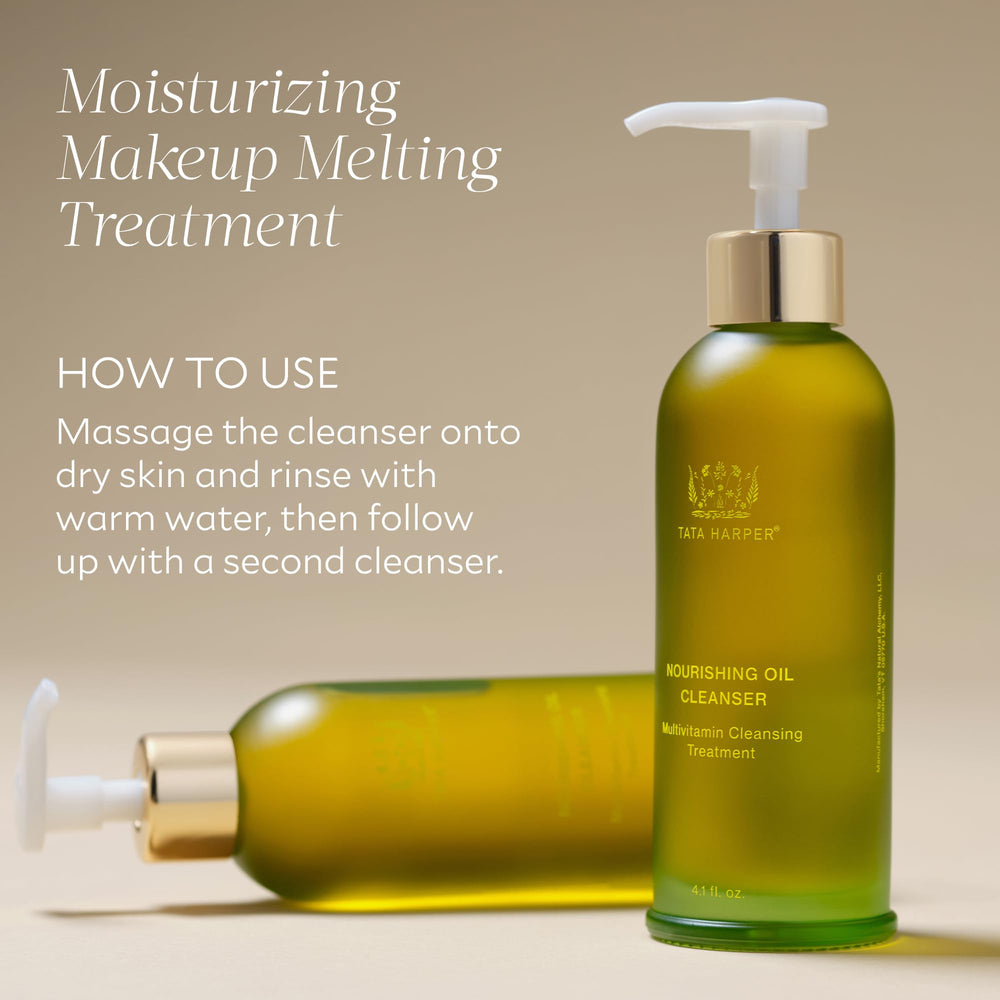 Tata Harper Nourishing Oil Cleanser natural ingredients close-up emphasizing clean skincare.