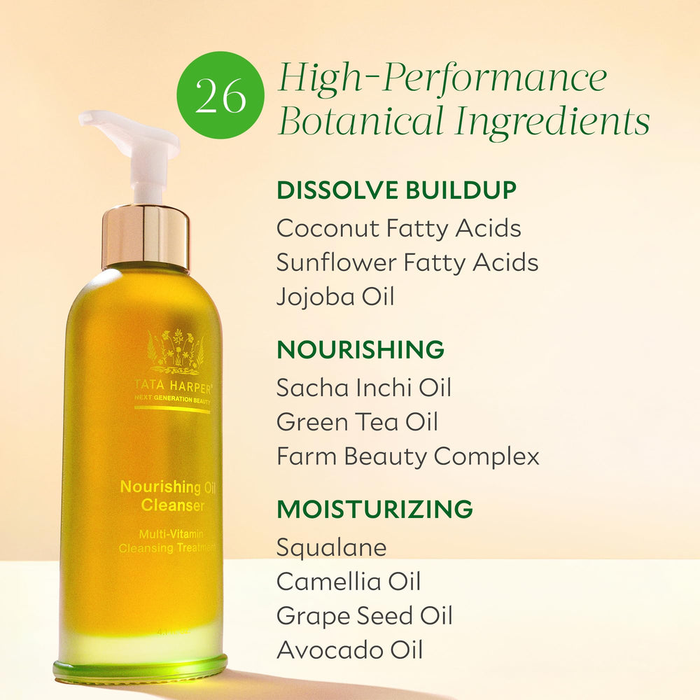 Tata Harper Nourishing Oil Cleanser texture close-up shows silky glide for makeup removal.