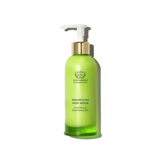 Tata Harper Resurfacing Body Serum bottle highlights brightening and smoothing benefits.