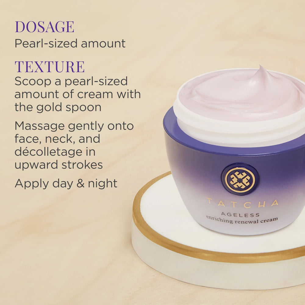 TATCHA Ageless Enriching Renewal Cream ingredients label showcases rice bran and green tea benefits.