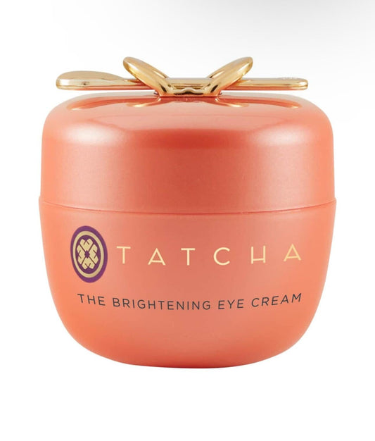 TATCHA Brightening Eye Cream bottle showing 12-hour vitamin C release for brightness