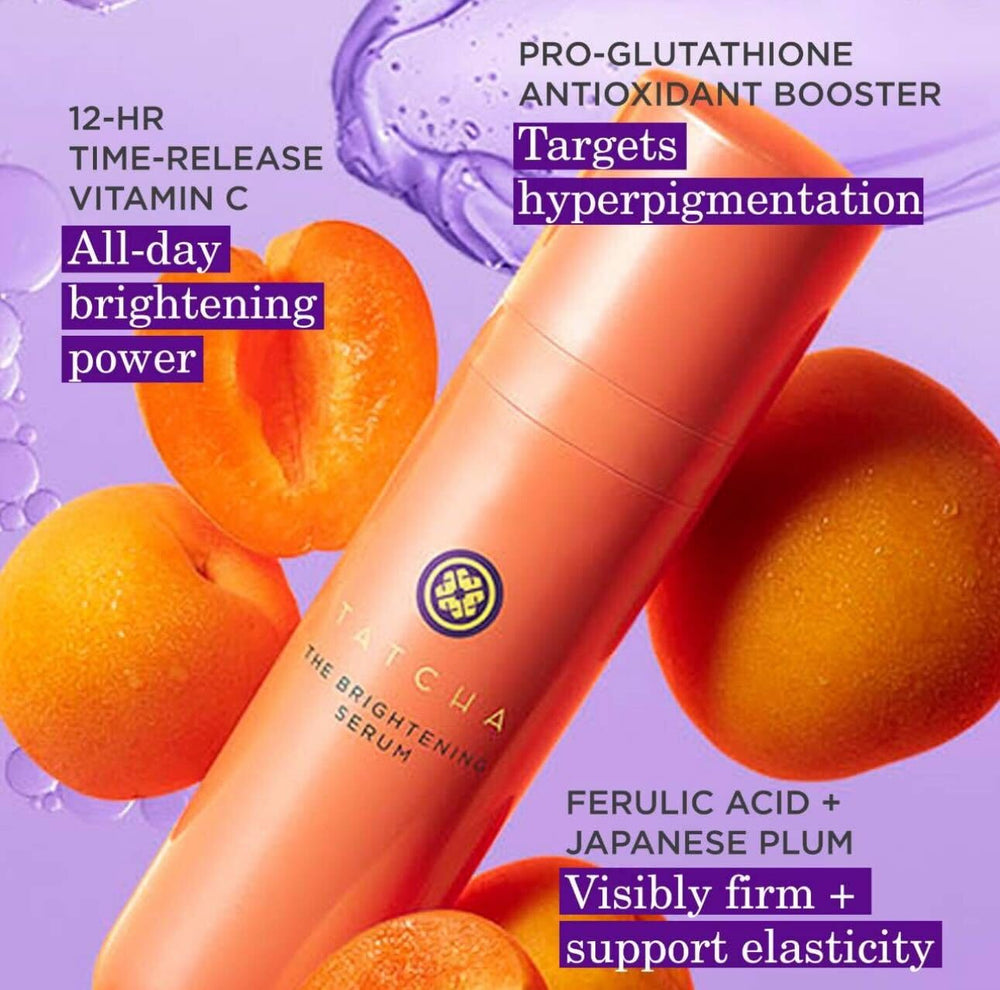TATCHA Brightening Serum applied on cheek for even tone.
