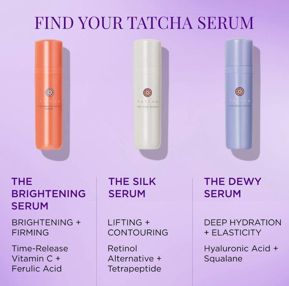 TATCHA Brightening Serum travel-size bottle beside towels.