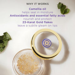 Tatcha Camellia Gold Spun Lip Balm gold flakes; subtle shimmer and antioxidant-rich care.