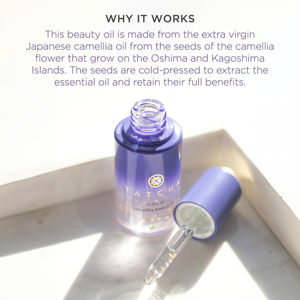 TATCHA Gold Camellia Oil on the face provides smooth hydration and gentle radiance.