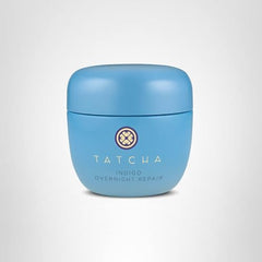 TATCHA Indigo Overnight Repair box packaging highlights 50 ml size for travel or home use.