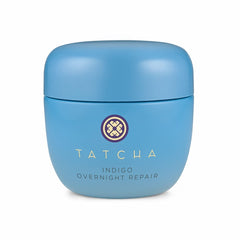 TATCHA Indigo Overnight Repair jar shows a cushiony fragrance-free night cream for overnight hydration.