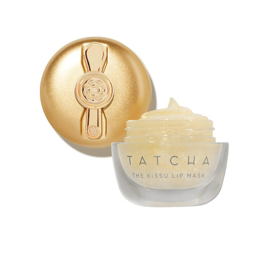 TATCHA Kissu Gold Leaf Lip Mask jar closeup showing shimmering jelly texture and hydration.