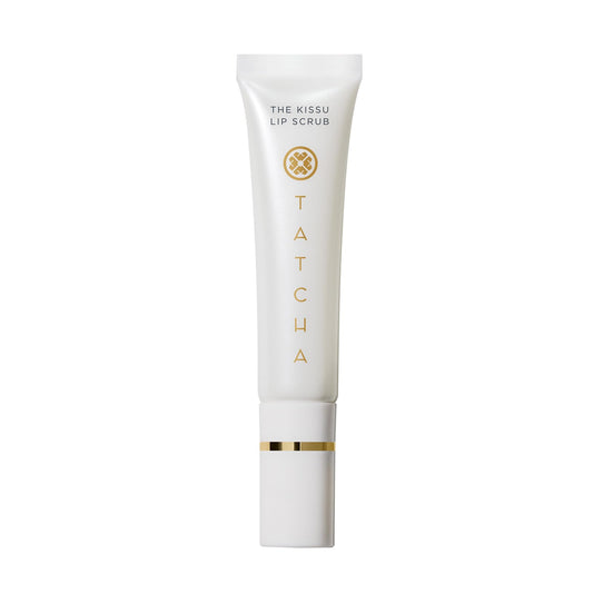 Tatcha Kissu Lip Scrub container closeup showing peach seed exfoliants for smooth lips