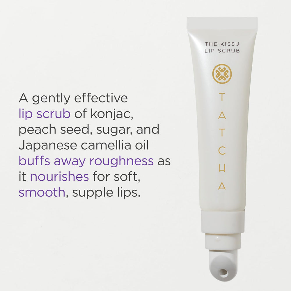 Tatcha Kissu Lip Scrub peach seed texture highlights gentle exfoliation for daily care