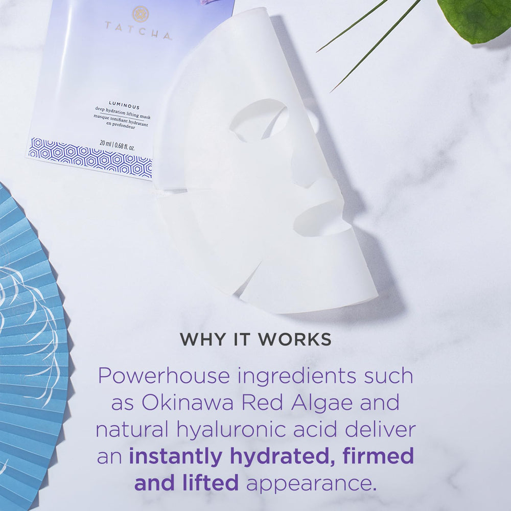 TATCHA Luminous Deep Hydration Mask packaging opened to reveal ultra-concentrated coconut mask.