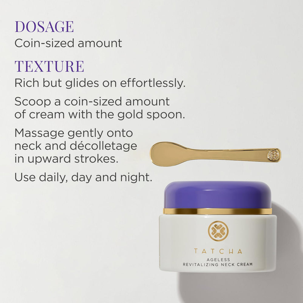TATCHA Revitalizing Neck Cream shown in nighttime routine for firming look.