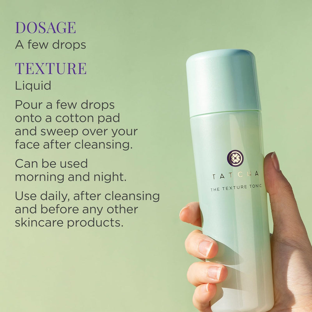 TATCHA Texture Tonic packaging on display, premium skincare ritual emphasis.