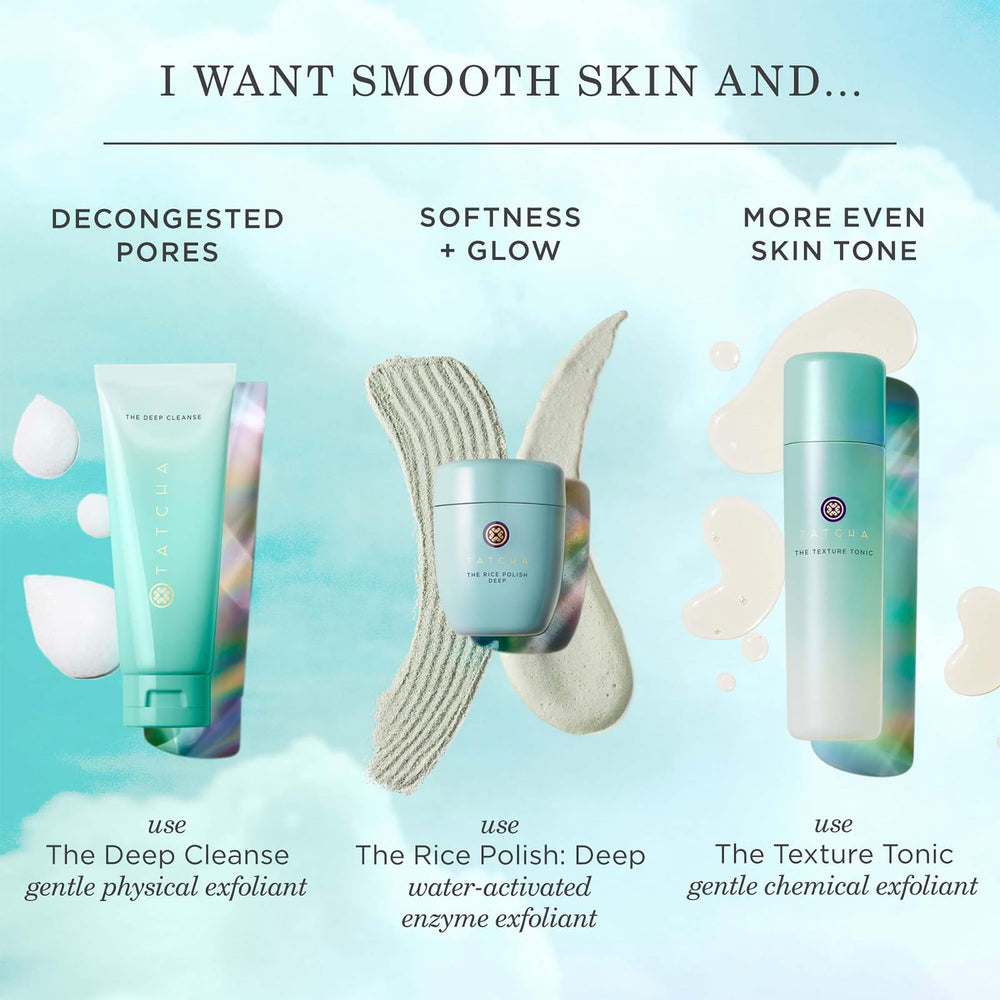TATCHA Texture Tonic bottle on vanity suggesting a refreshing morning routine.