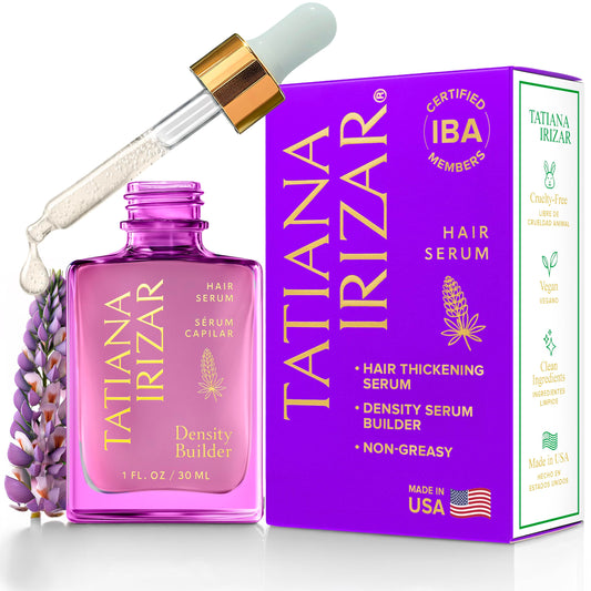 Tatiana Irizar Density Builder bottle showing sleek USA-made serum packaging for thinning hair.
