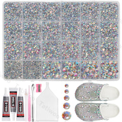 Tatiwoo AB flatback rhinestones in mixed sizes for versatile DIY embellishments.