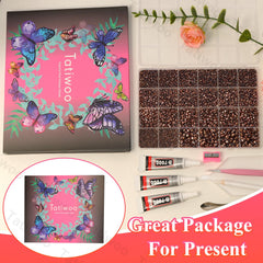 Tatiwoo tweezers, wax pen, scoop and tray for precise placement.