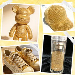Tatiwoo yellow gold rhinestones shown on fabric for DIY crafts.