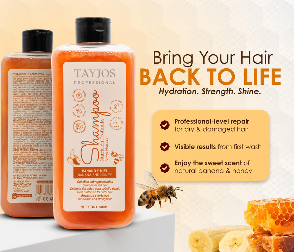 TAYJOS PROFESSIONAL Banana & Honey bottle pour shows rich lather for nourishing strands.