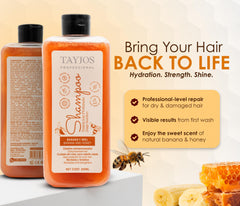 TAYJOS PROFESSIONAL Banana & Honey bottle pour shows rich lather for nourishing strands.