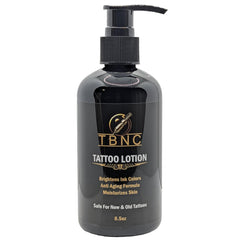 TBNC Tattoo Aftercare Lotion bottle demonstrates quick absorption for comfortable wear.