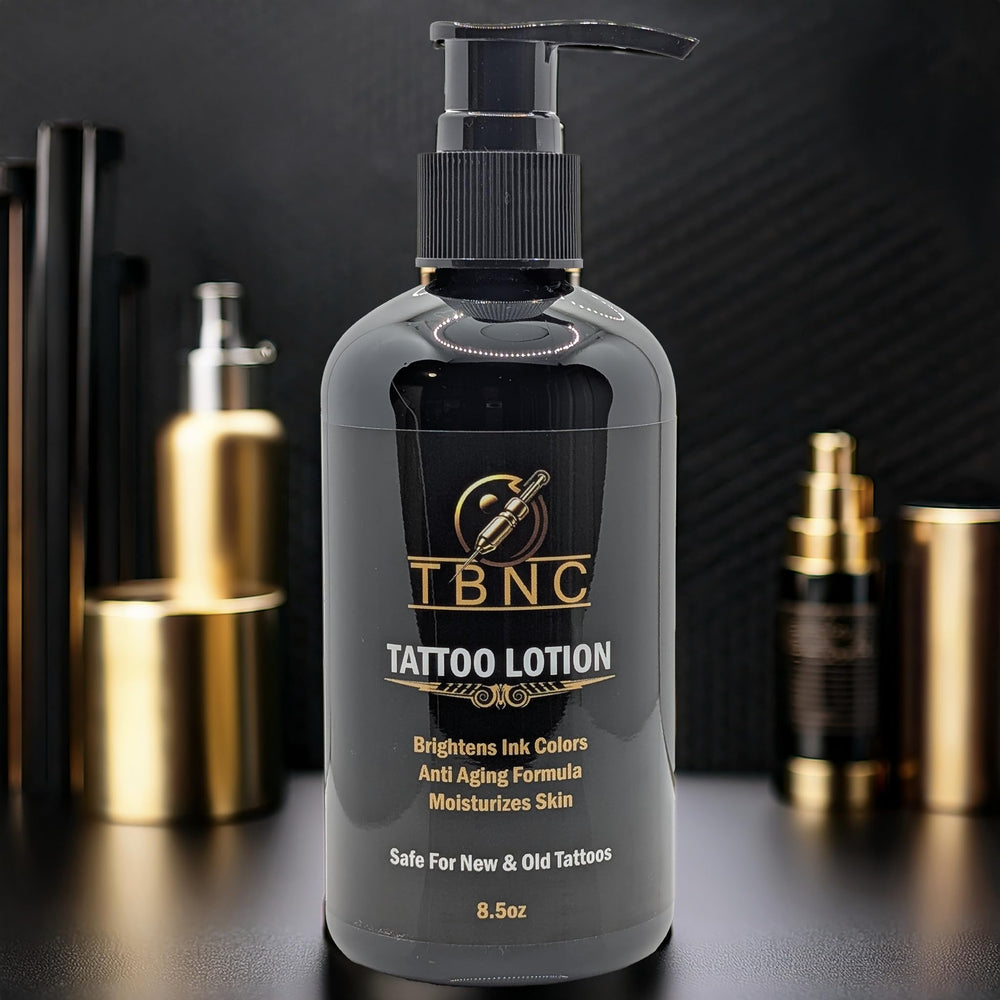 TBNC Tattoo Aftercare Lotion ingredients label highlights aloe vera and coconut oil for nourishment.