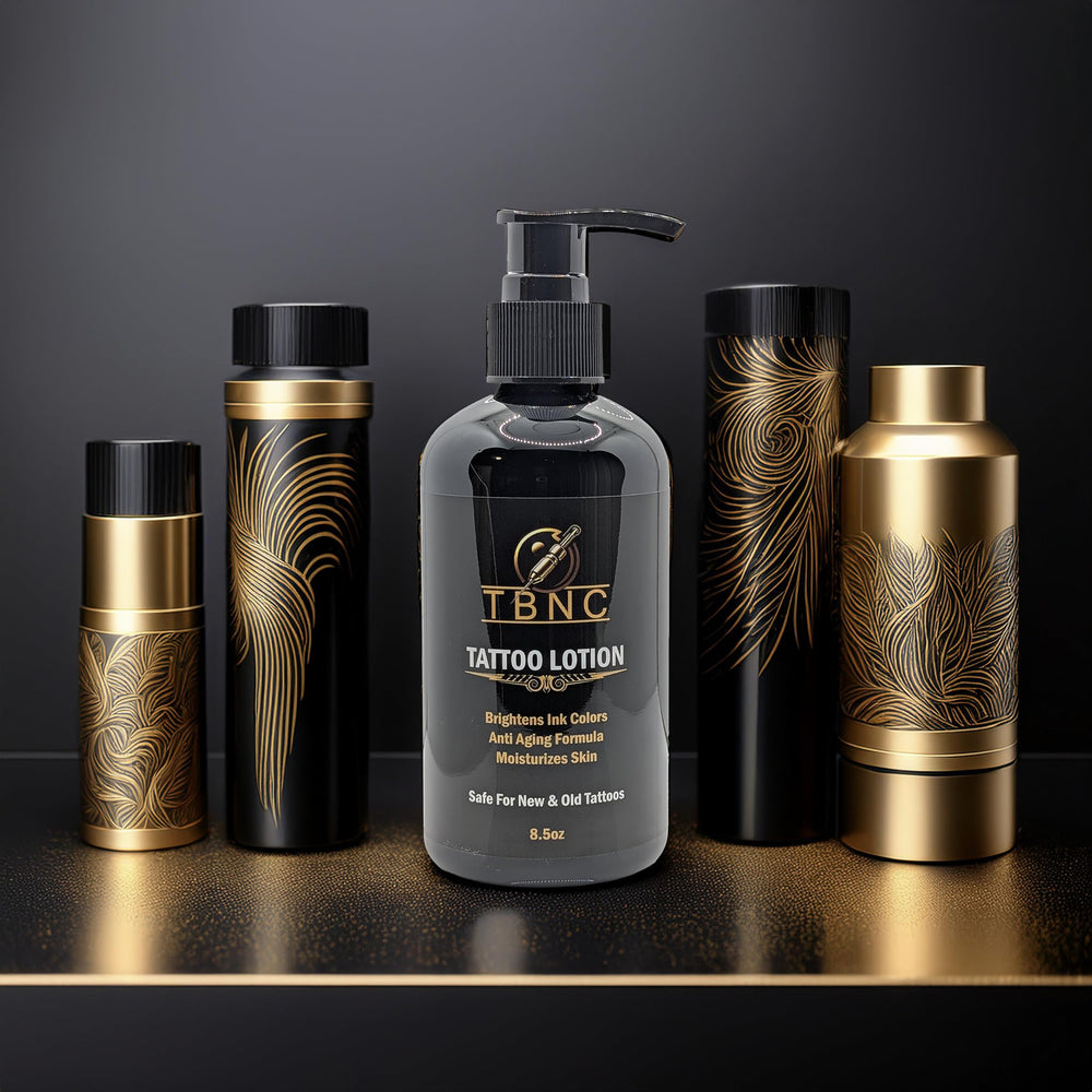 TBNC Tattoo Aftercare Lotion texture shown as lightweight, non-greasy on skin.